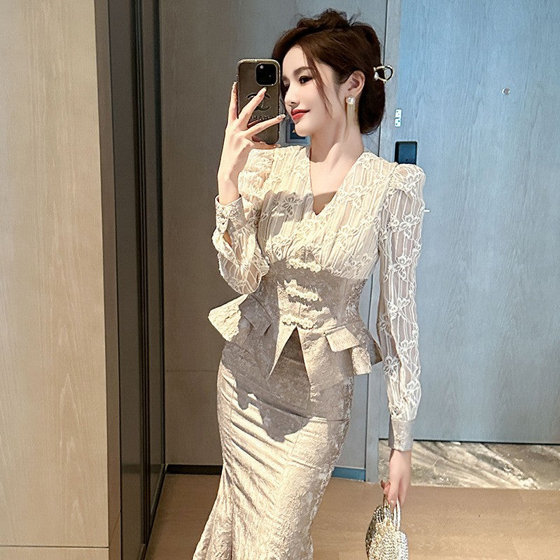 Elegant Lace Blouse and High-Waist Skirt Set