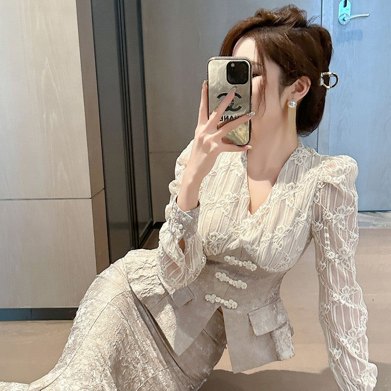 Elegant Lace Blouse and High-Waist Skirt Set