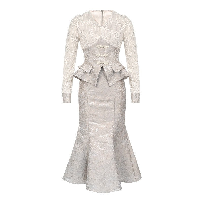 Elegant Lace Blouse and High-Waist Skirt Set