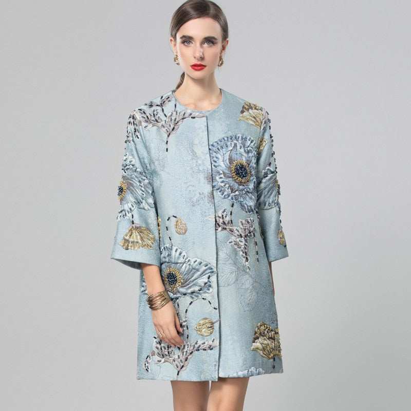 Floral Beaded Three-Quarter Sleeve Coat Top