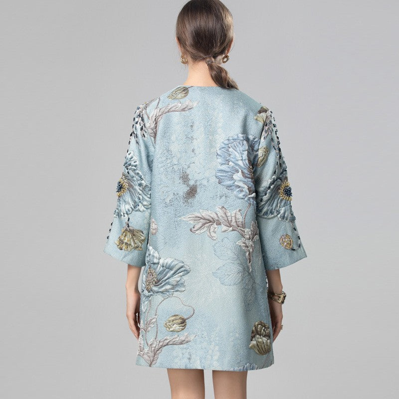 Floral Beaded Three-Quarter Sleeve Coat Top