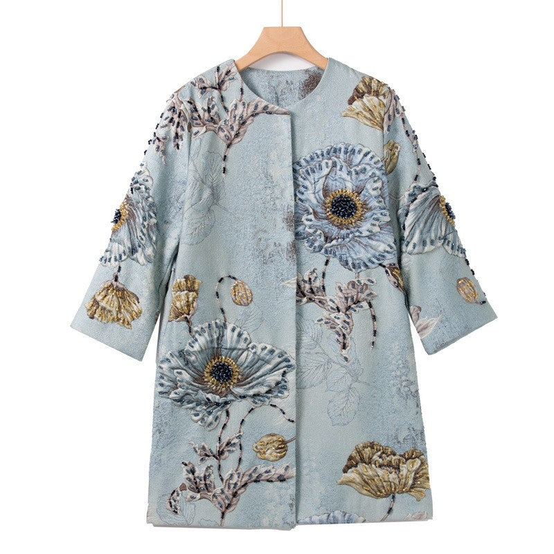 Floral Beaded Three-Quarter Sleeve Coat Top