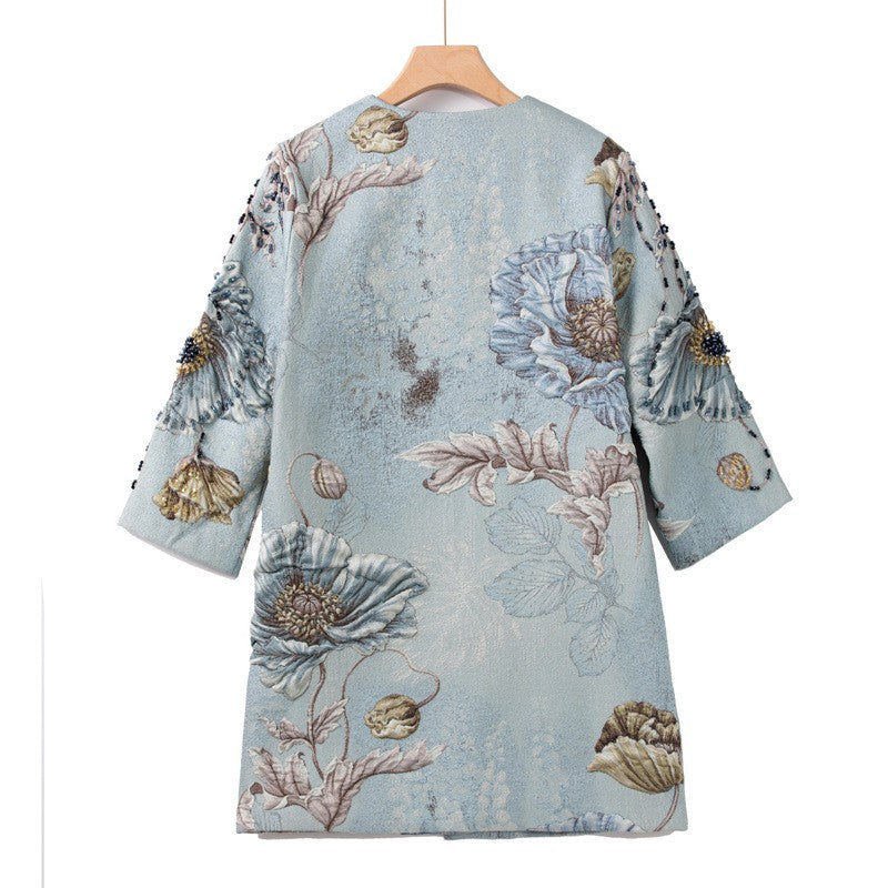 Floral Beaded Three-Quarter Sleeve Coat Top