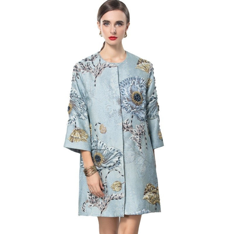 Floral Beaded Three-Quarter Sleeve Coat Top