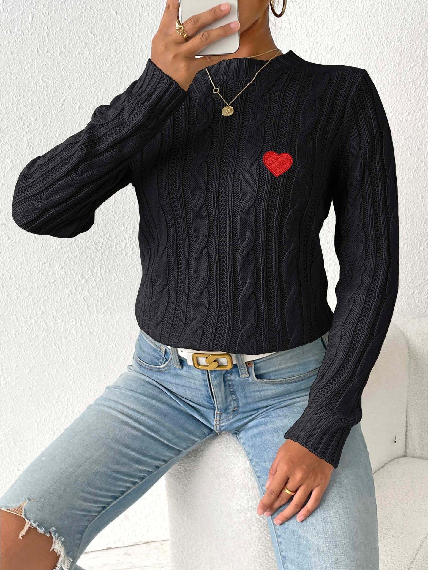 Heart-Patterned Knit Pullover