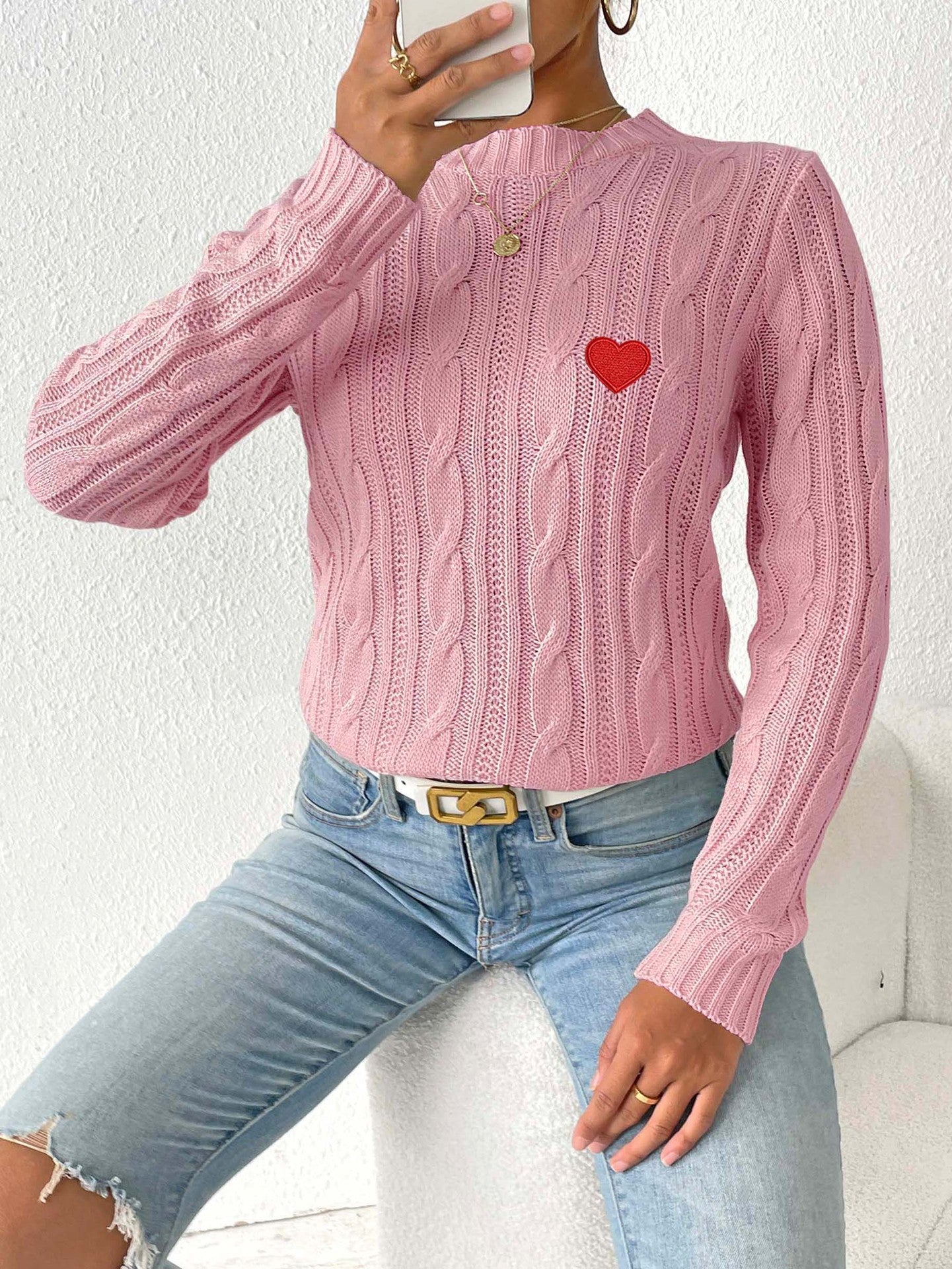 Heart-Patterned Knit Pullover