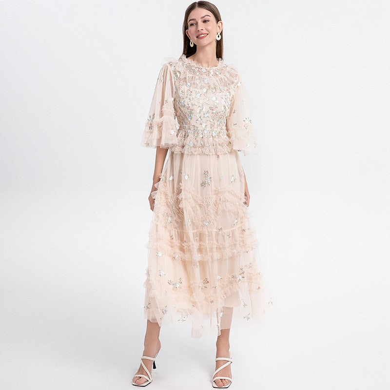 Mesh Embroidered Layered Hem Dress