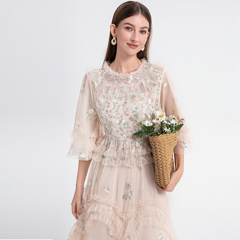 Mesh Embroidered Layered Hem Dress