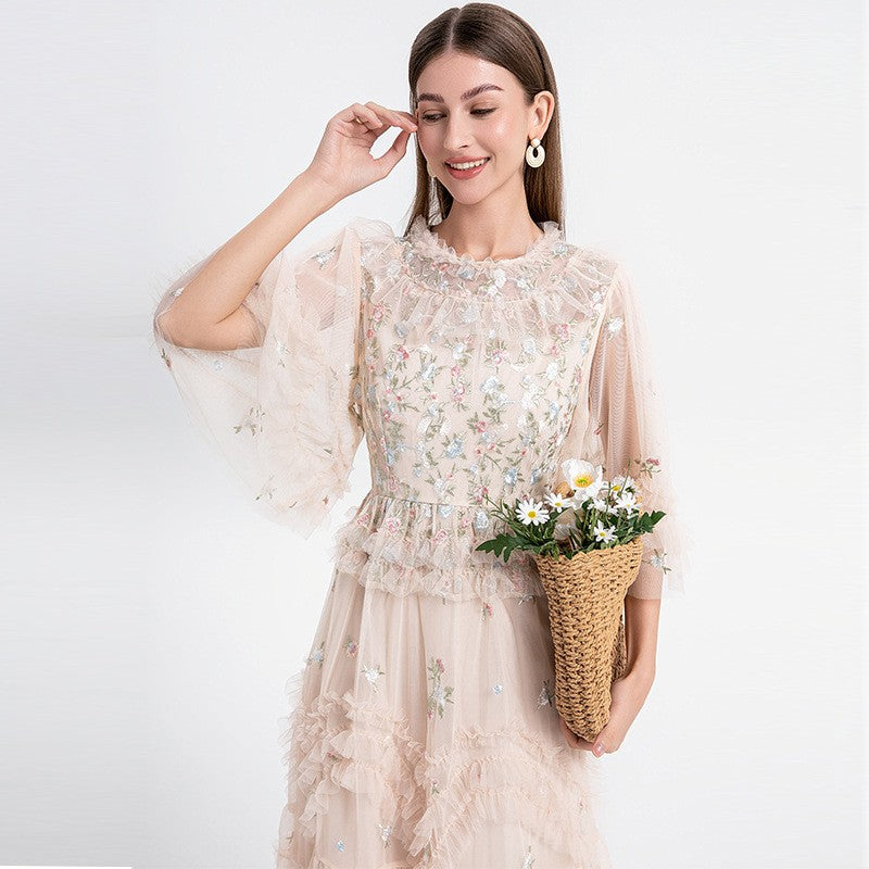 Mesh Embroidered Layered Hem Dress