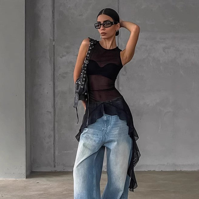 Noir Cascade Mesh Top