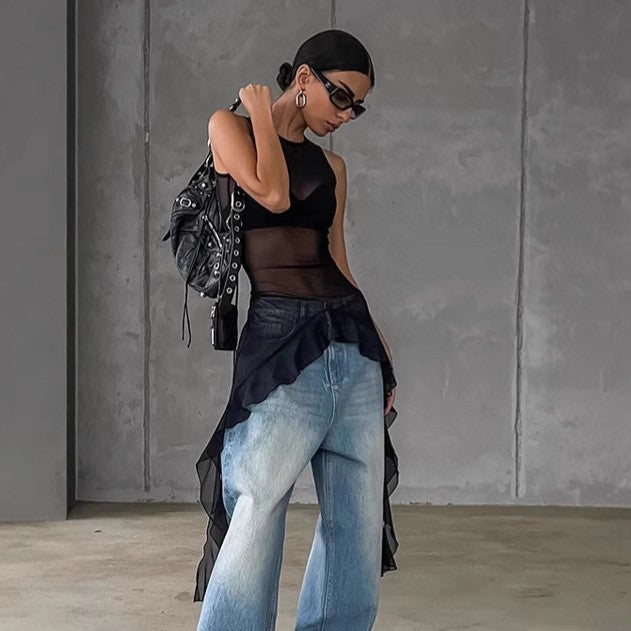 Noir Cascade Mesh Top