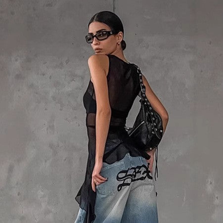 Noir Cascade Mesh Top