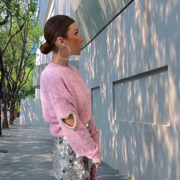 Rhinestone Heart Distressed Knit Pullover