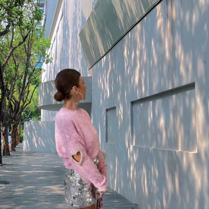 Rhinestone Heart Distressed Knit Pullover