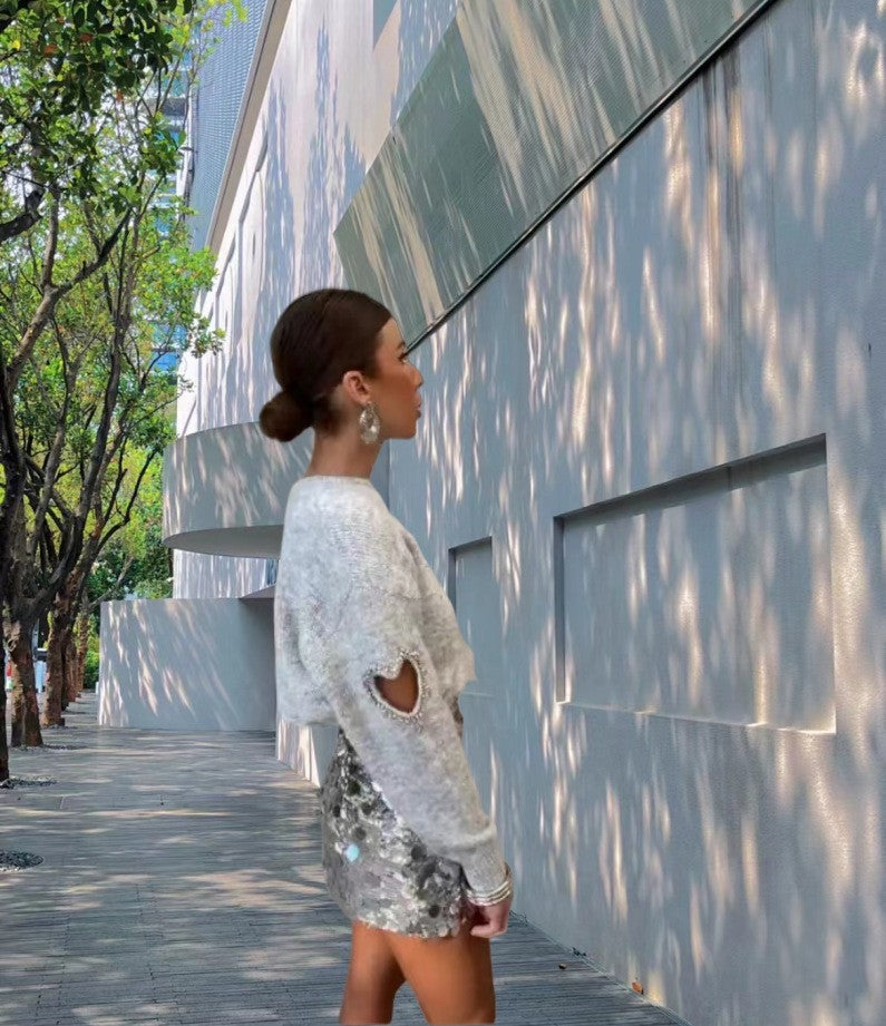 Rhinestone Heart Distressed Knit Pullover