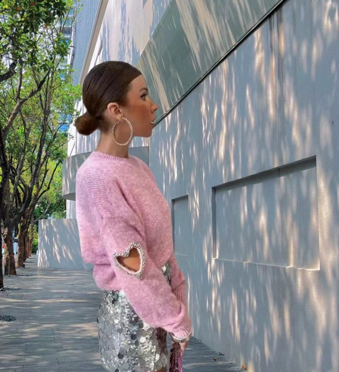 Rhinestone Heart Distressed Knit Pullover