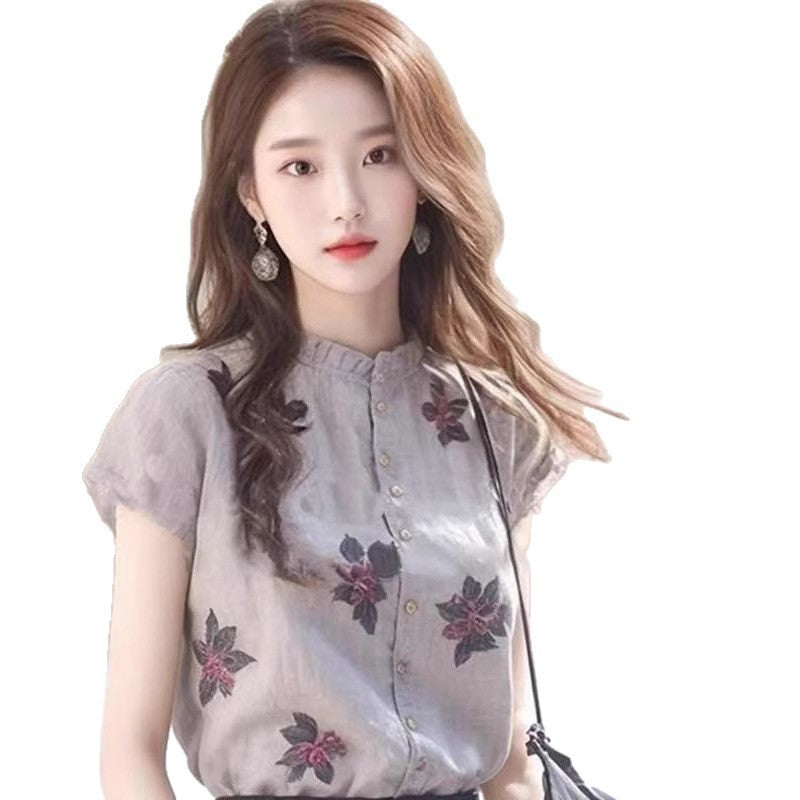 Veyra Stand-Collar Print Blouse